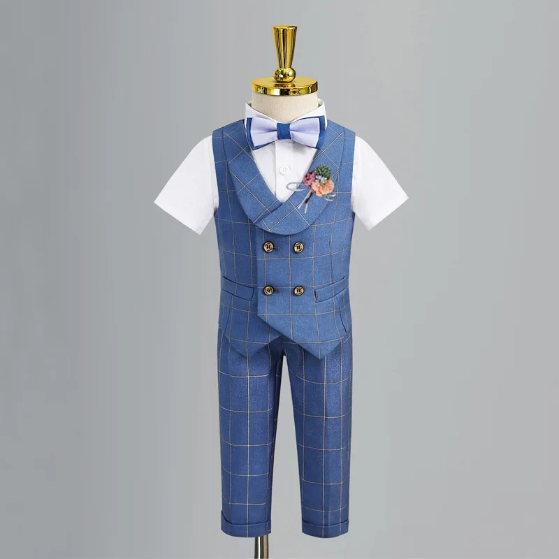 Child Formal Vest Suit Set Boy Summer Autumn Wedding Baby First Birthday Piano Performance Costume Kids Waistcoat Shorts Clothes