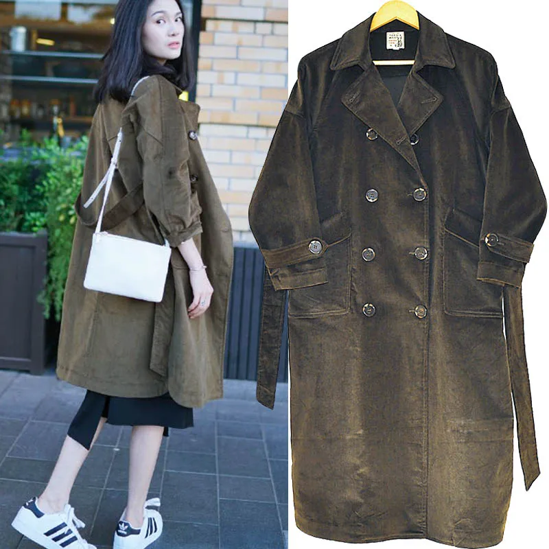 Homemade Corduroy Trench Coat Striped Fleece Mid-Length Autumn-Winter Cotton Jacket