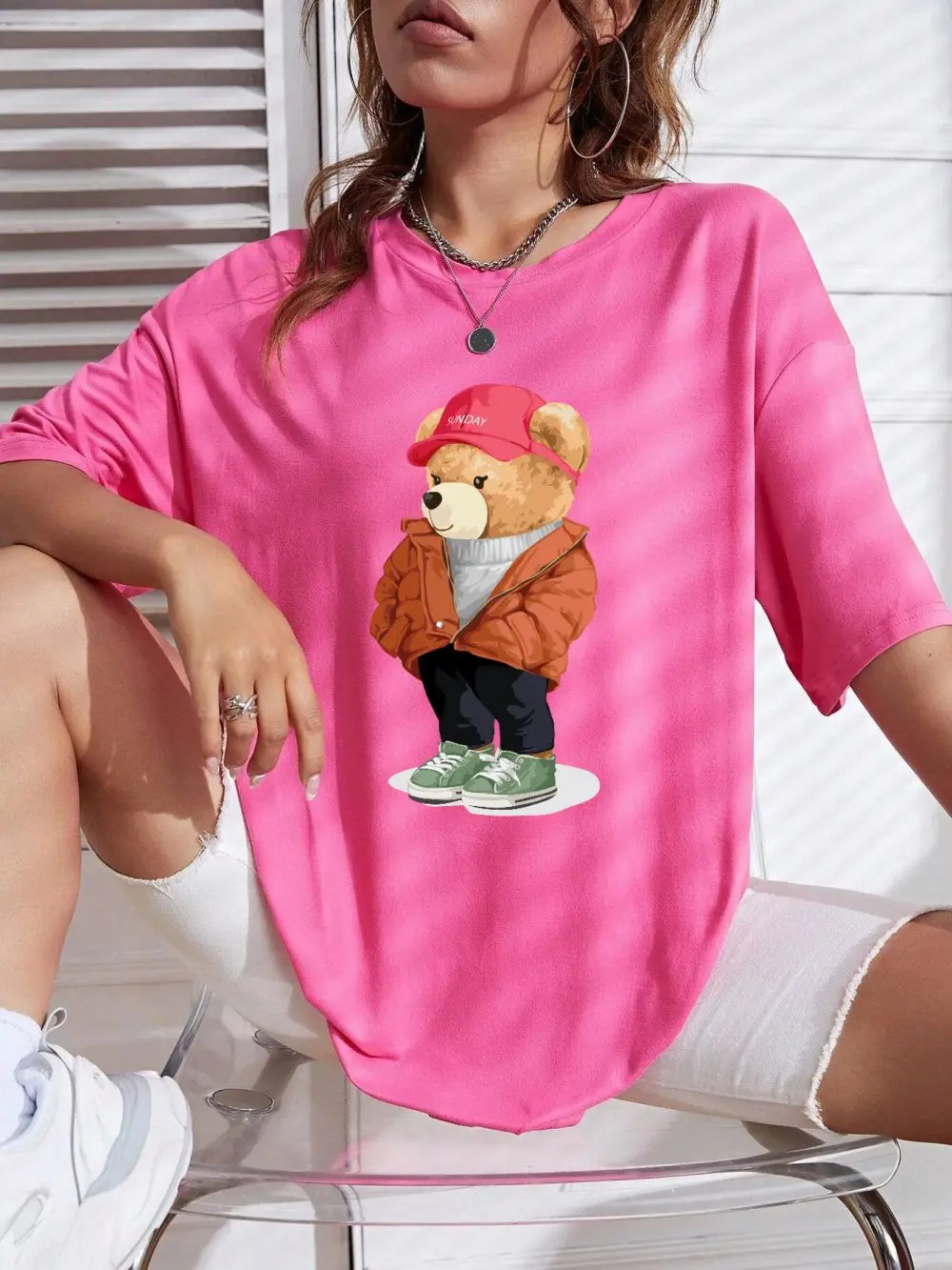 

Summer Casual Womans T-Shirts Cute Teddy Bear Printing Cotton Short Sleeve Fashion Loose Tee Tops O-Neck Soft Female Clothes