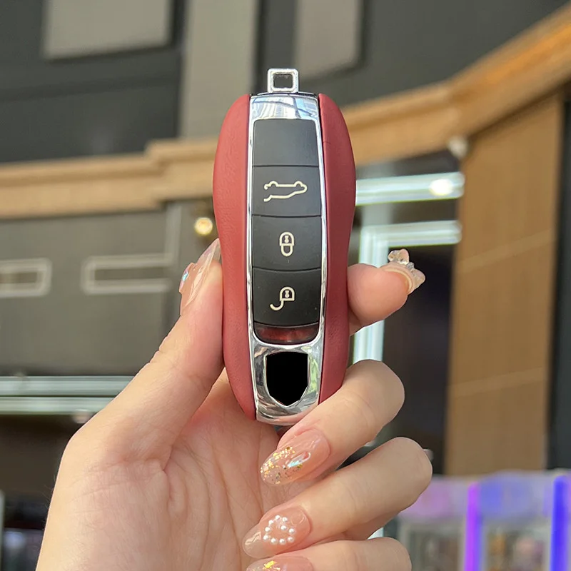 Genuine Leather Car Key Case Cover Protective Keychain For Porsche Boxster Cayman Panamera Cayenne Macan 718/911 Taycan