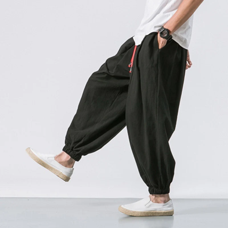 Cotton Linen Harem Pants Men Solid Elastic Waist Streetwear Joggers 2023 New Baggy Drop-crotch Pants Casual Trousers Men 5
