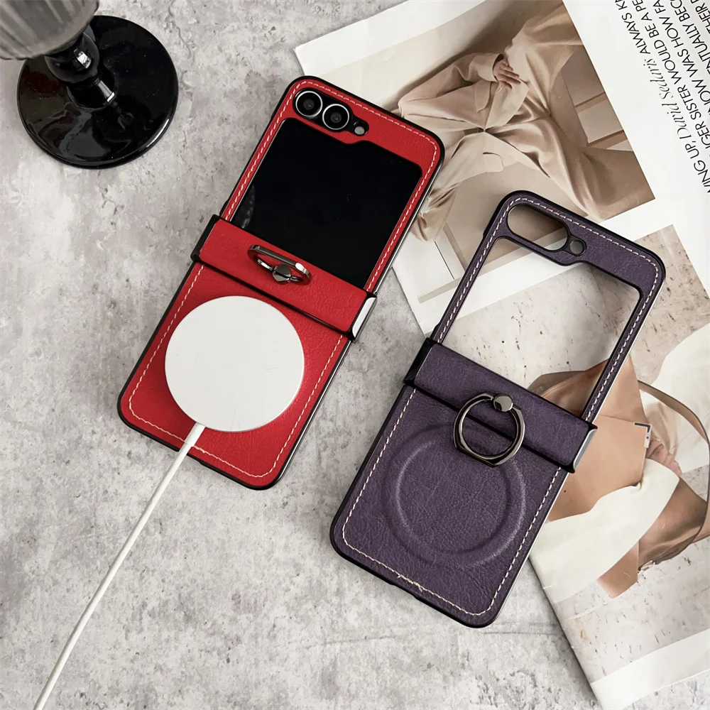 Luxury Lychee Pattern Leather MagSafe Wireless Charging Case with Ring Holder and Hinge Cover