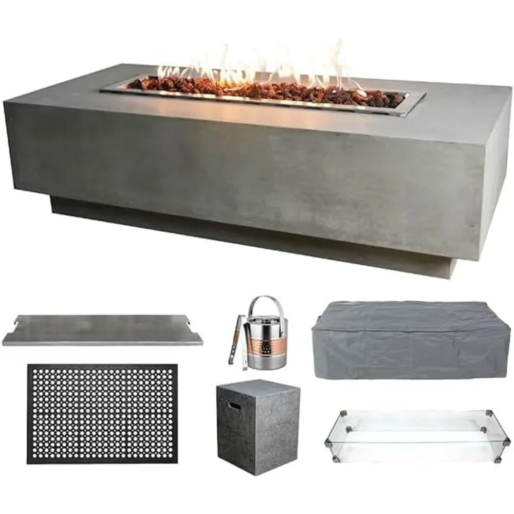 Outdoor Firepit Set Includes 60&rdquo; Liquid Propane Concrete Firepit Table, Glass Windscreen, Stainless Steel Cover, Tank Cover