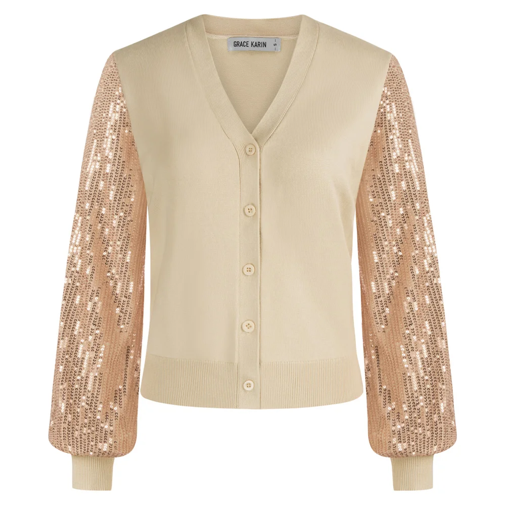 

GRACE KARIN Women Contrast Fabric Cardigan Sequined Long Sleeve V-Neck Party Sweater Button Front Summer Lightweight Cardigan A3