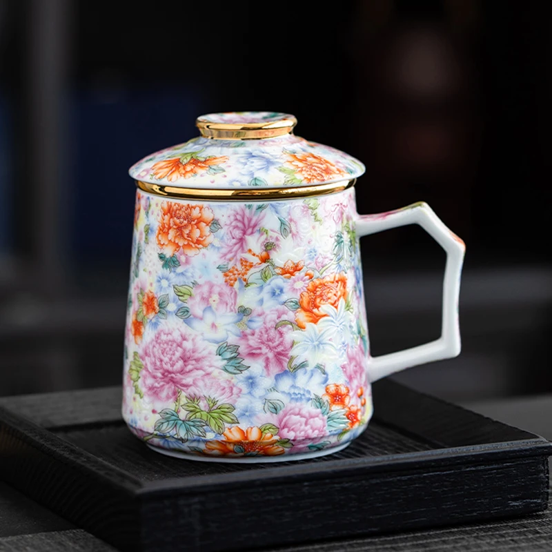 Chinese Style Ceramic Cartoon Floral Pattern Mug, Personal Creative Teacup, With Cover Filtered Tea Water Separation, 350ml, 1Pc