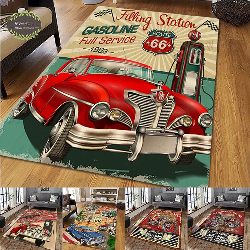 

Retro Classic Carpet for Home Living Room Decoration 3D Printing Motorcycle Car Poster Non-Slip Bedroom Mat Absorbent Floor Rug