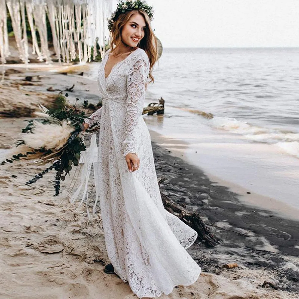 

Hippie Lace Boho V Neck Long Sleeves Bohemian Beach Wedding Dresses Cheap Country Bride Gowns robe de