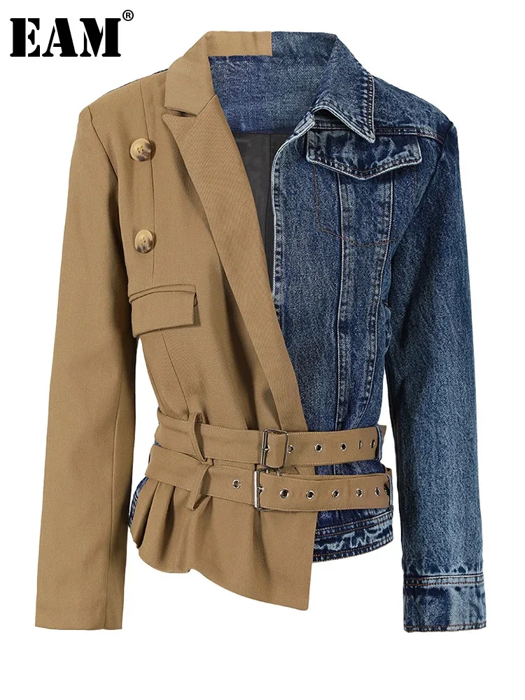 

[EAM] Loose Fit Khaki Denim Irregular Belted Jacket New Lapel Long Sleeve Women Coat Fashion Tide Spring Autumn 2024 1DE3933