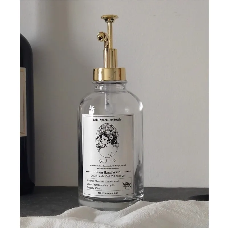 ชุดเครื่องจ่ายสบู่พร้อมป้ายฉลาก กรวย 450 มล. ขวดแก้วแบบใช้ซ้ำได้ ขวดใสสำหรับใส่กาแฟ น้ำเชื่อม ขวดใส 1
