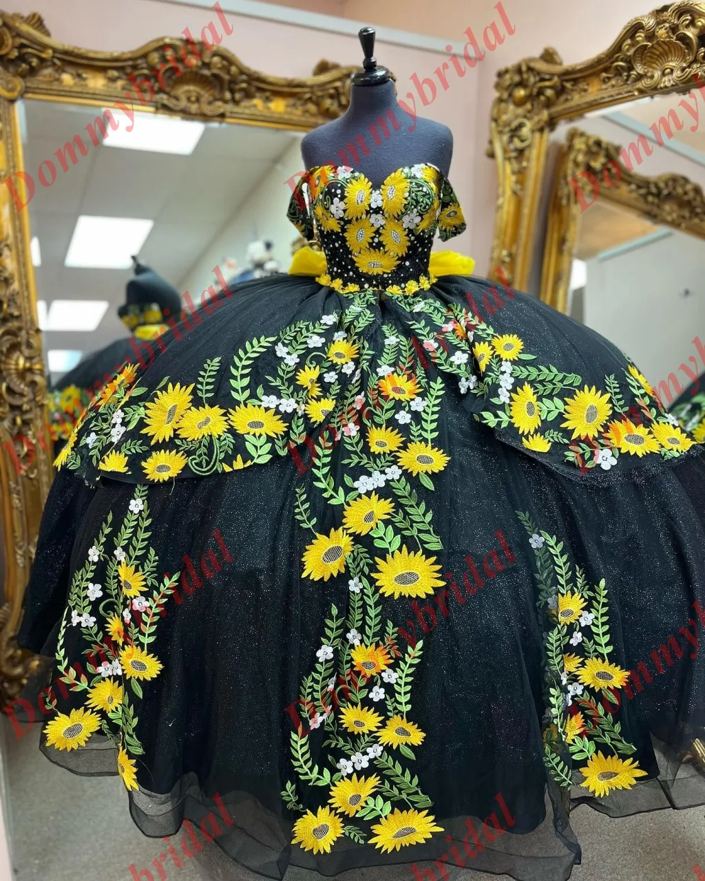 2023 Yellow Sunflower Embroidered Patterns Ball Gown Black Quinceanera