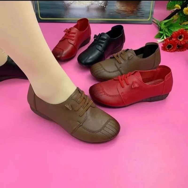Women Casual Shoes Spring New Vintage Lace Up Soft Soled Non Slip Women Flats Oxford Shoes Soft Leather Woman Single women oxford shoes leather mary jane shoes