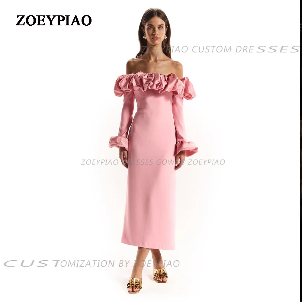 Beach Pink Ruched Formal Dress Long Sleeves Party Dress For Wedding Short Satin Off Shoulder Special Occasion Dress robe soir&eacute;e