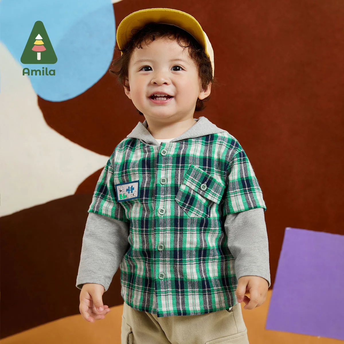 Amila Baby Boys Autumn New Fake Two Lrregular Pocket Design Theme Printing Frosted Plaid Shirt Warm Fashion Sleeve Children