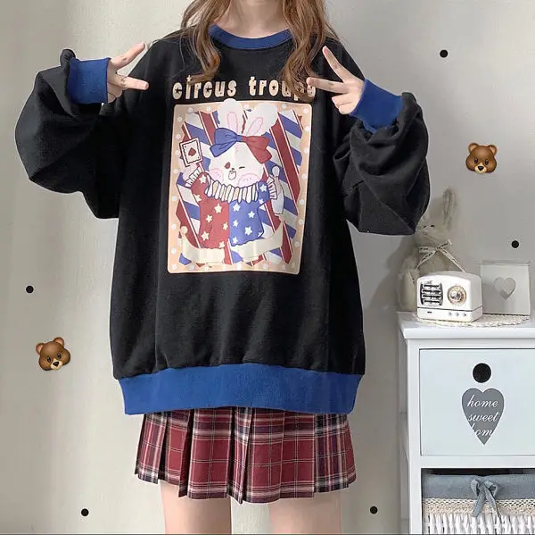 Fall Winter Women's Loose Sweatshirt Long Shirt Cute Long Sleeve Pullovers Hoodies Patchwork Vintage Style 2022