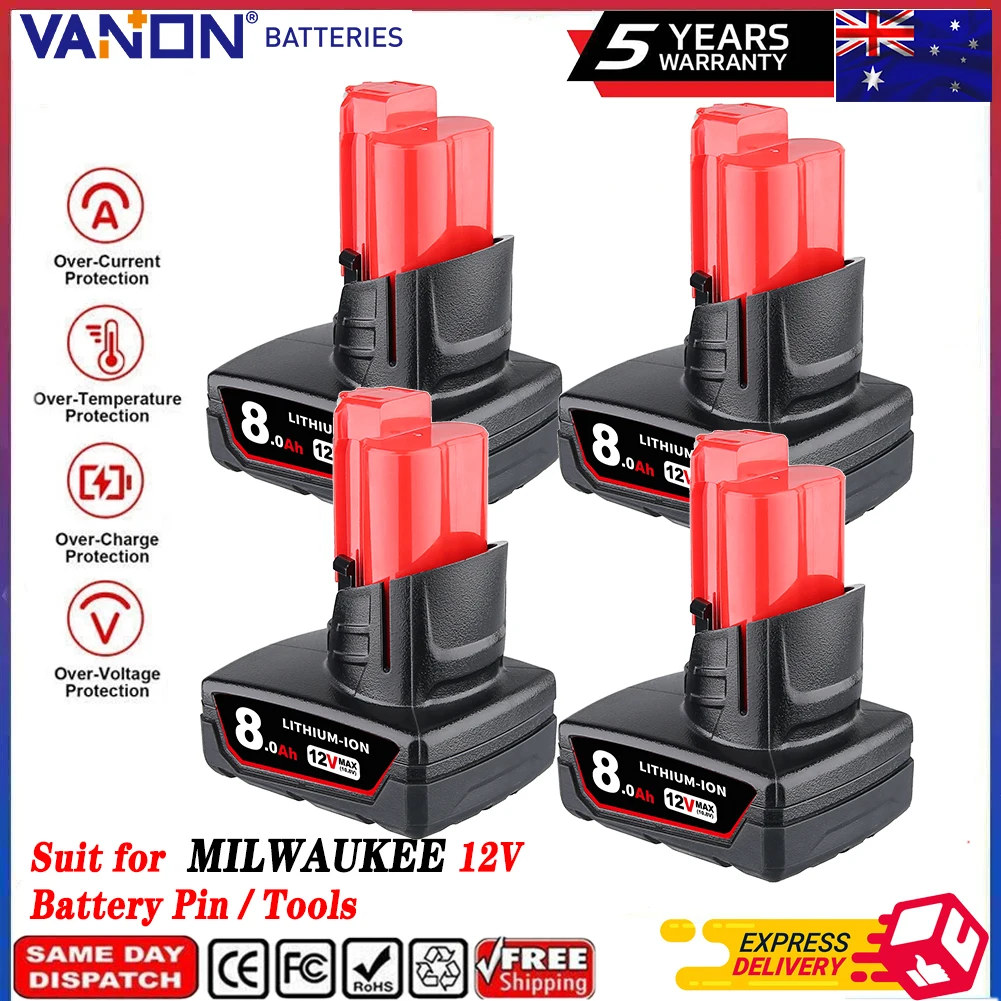 1/2/4Pcs 8.0Ah M12 Replace for Milwaukee 12V Li-on Battery Pin Suit for Cordless Power Tools