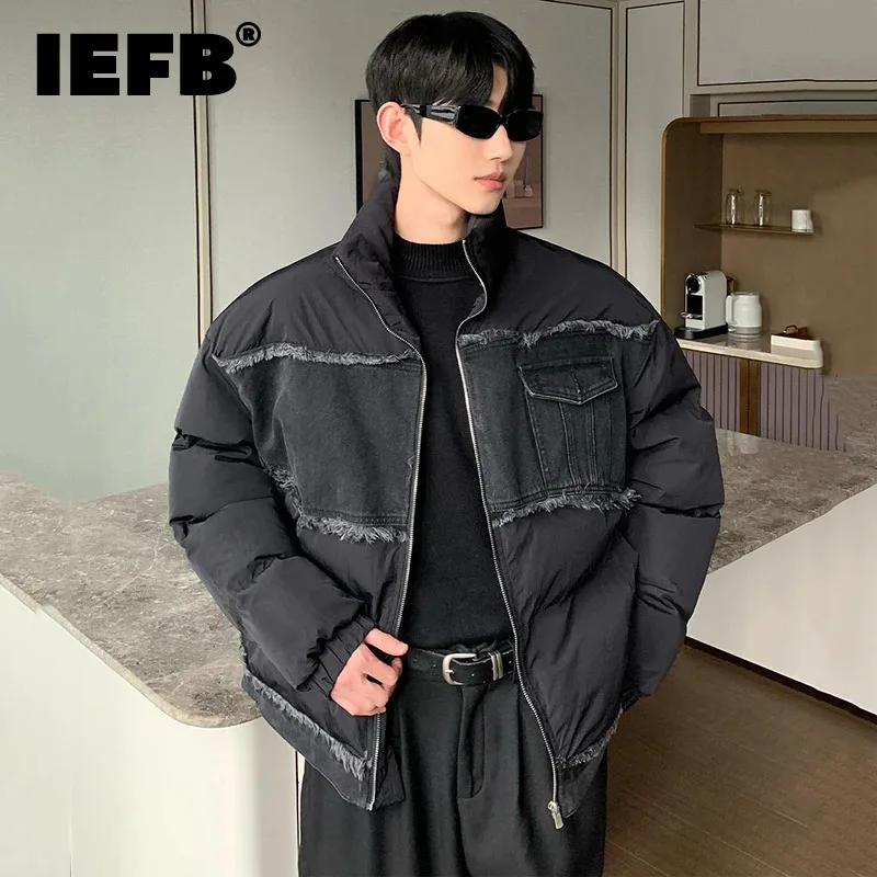 

IEFB Patchwork Denim Men Cotton Jackets Stand Collar Rough Selvedge Thickened Men's Padded Jacket Niche Deisgn Chic New 9C3959
