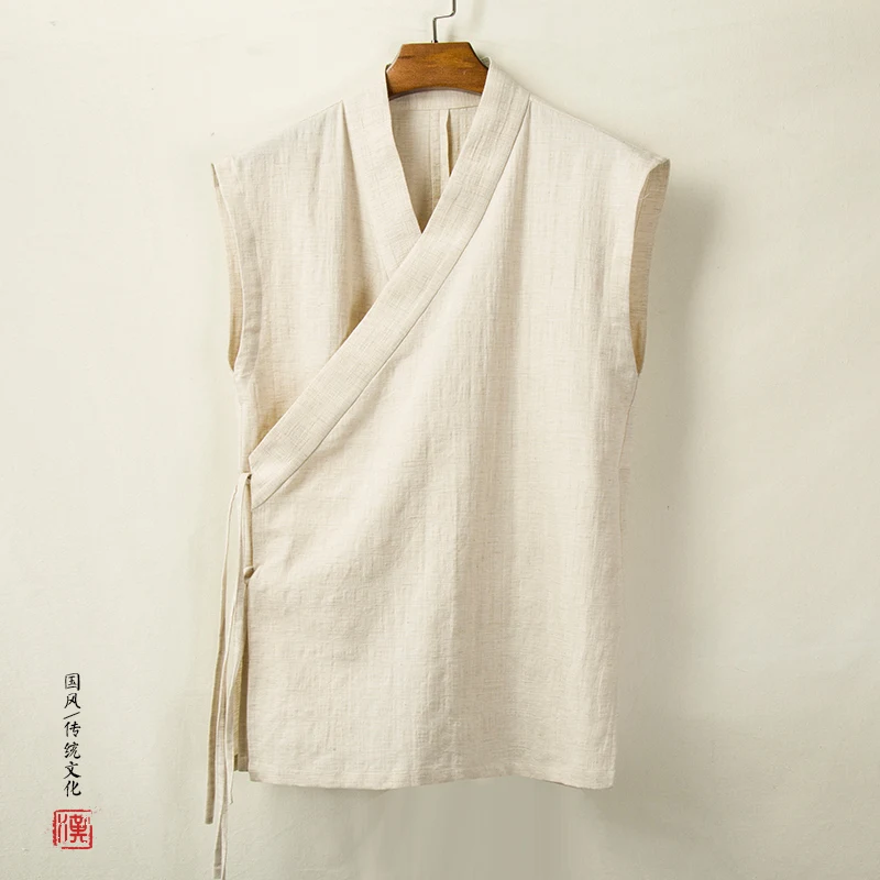 중국어 번체 Hanfu 조끼 남성 리넨 코튼 민소매 슬릿 탑 남성 당나라 정장 기모노 카디건 남성 오픈 스티치 셔츠