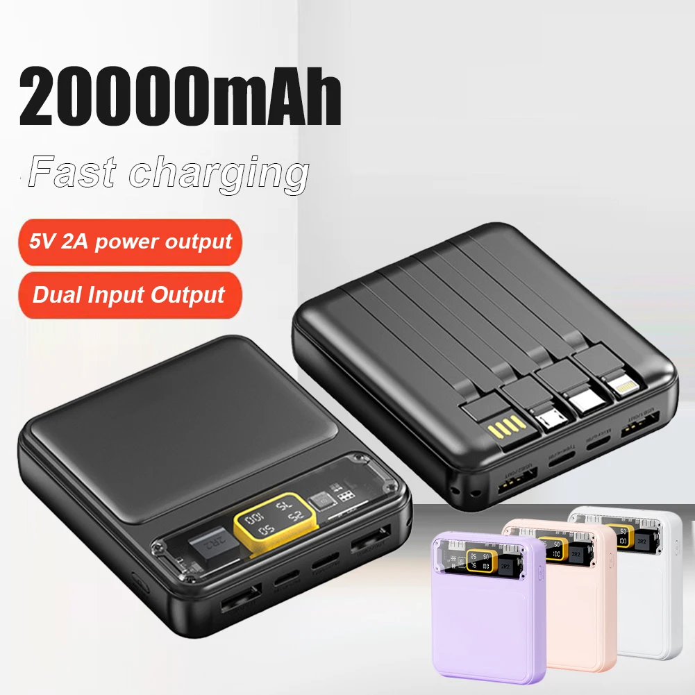 

20000mah Portable Mini Power Bank with 4 Cables 2.1A Fast Charging Mobile Phone Charger Digital Display External Battery Charger