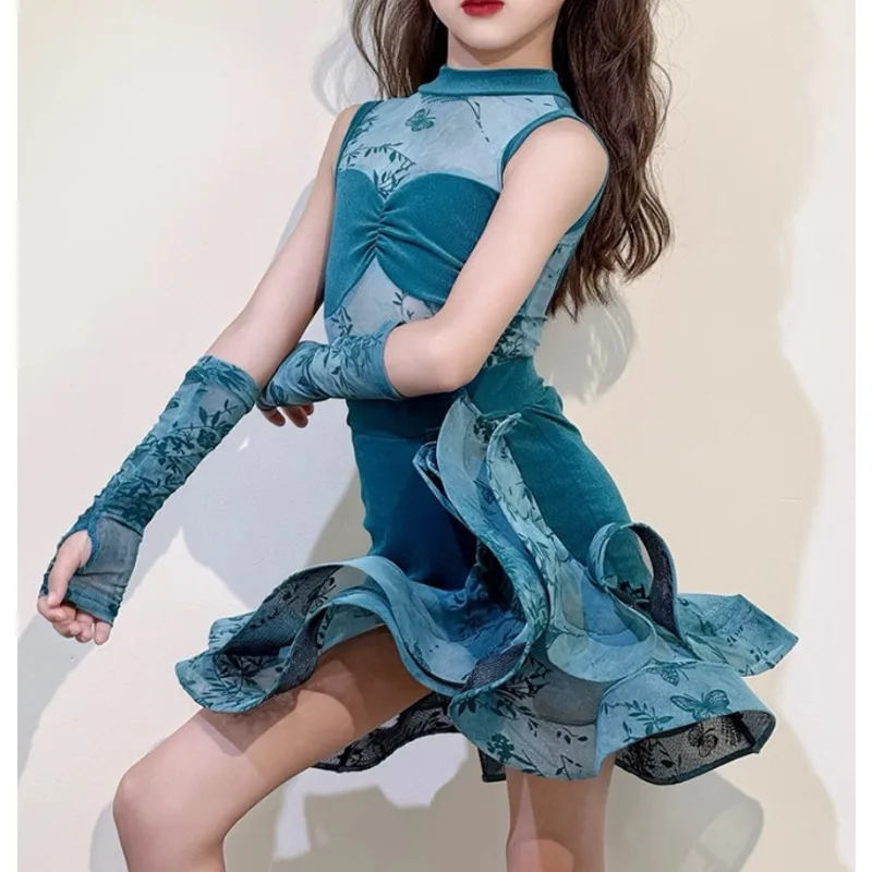 볼룸 레이스 벨벳 메쉬 라틴 드레스 소녀 아메리칸 댄스 룸바 차차 삼바 탱고 의상 대회 연습복 어린이용