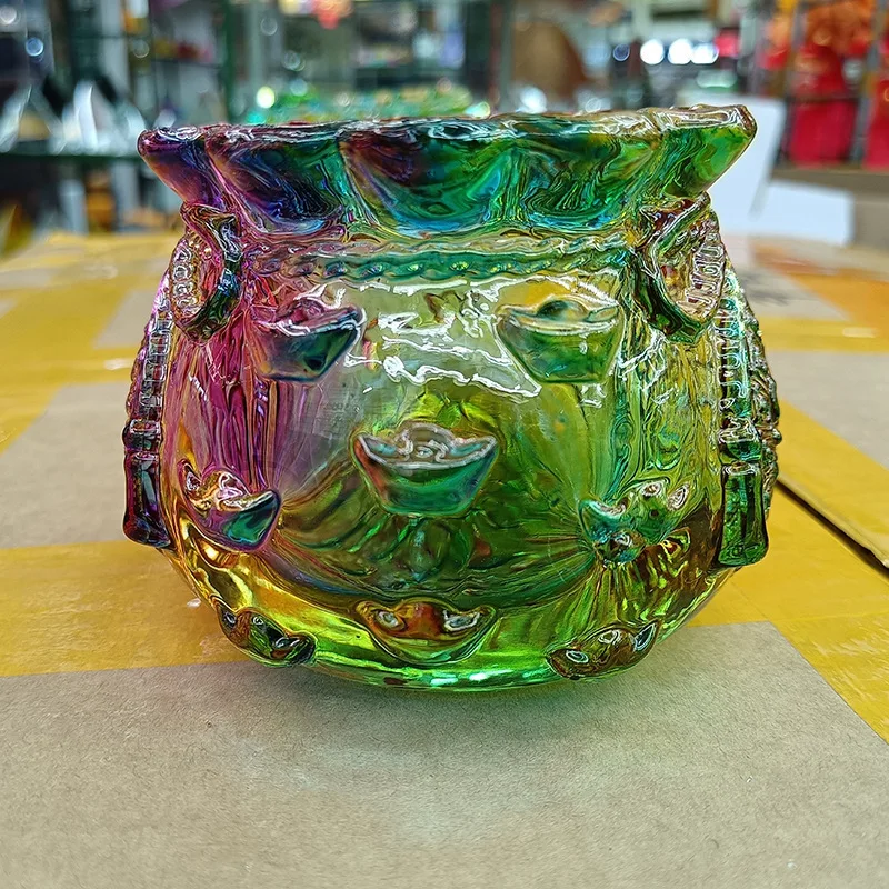 

Glass Money Bag, Crystal Blessing Bag, Yellow Crystal Treasure Bowl, Home and Office Decoration, Money Jar, Relocation Gift