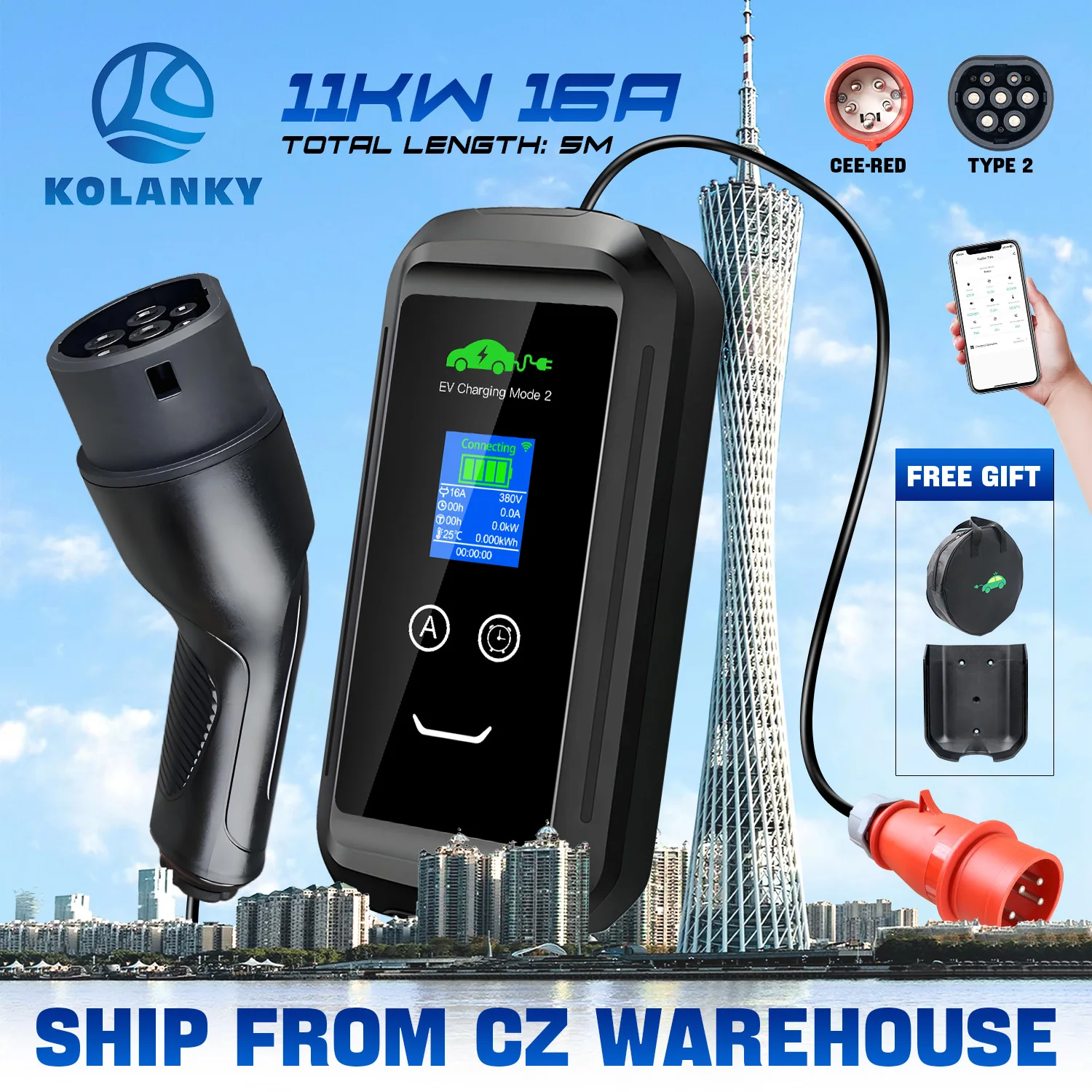 Kolanky 11KW 16A 3P Portable EV Charger Wallbox Wallmount IEC 62196 Type2 Plug Tuya APP WIFI Charging Electric Vehicle Cable 5M