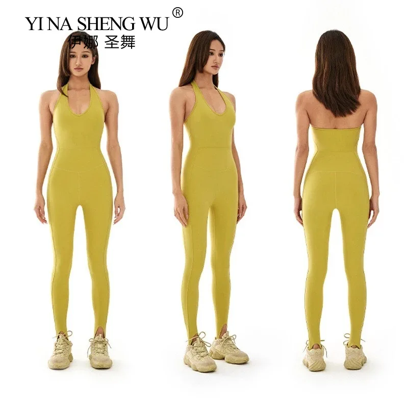 

New Sports Jumsuit Fitness Pants Foot Pants Hanging Neck Elastic Beautiful Back One-piece Chest Pad Yoga Clothes Women Yoga Set