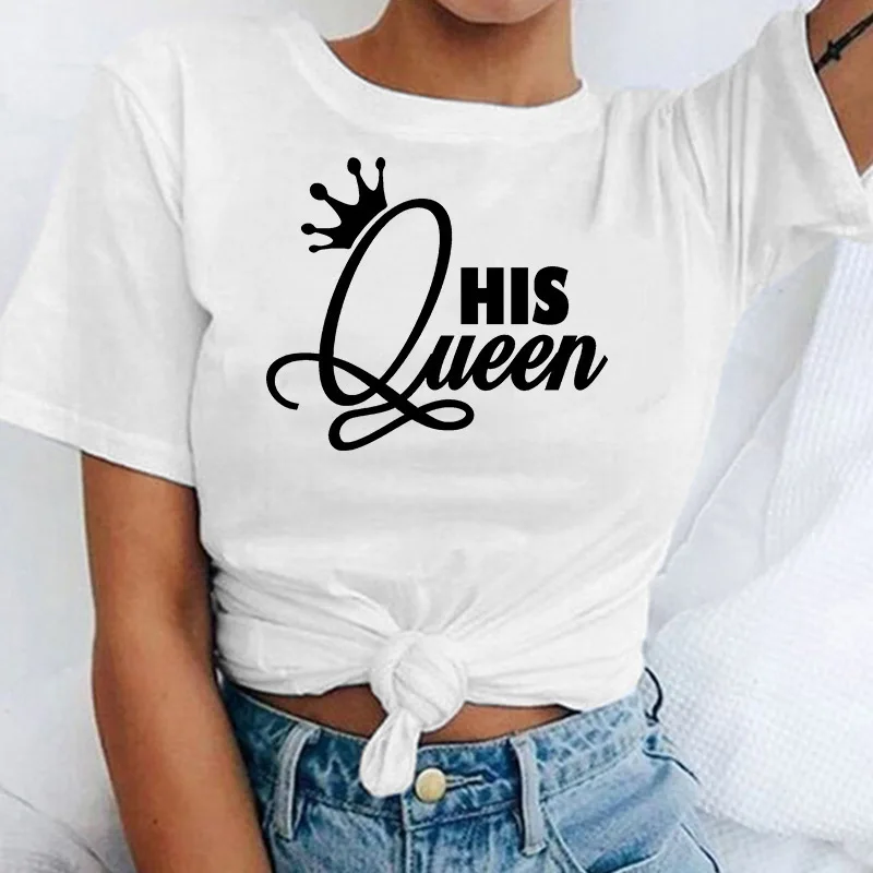 Her King His Queen Couples T Shirt Crown Print Couple Tshirt Summer Fashion Woman T-shirt Casual O-Neck Tops Lovers Tee Shirt