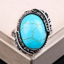 

Fashion Large Turquoise Rings for Women Retro Silver Color Feather Turquoise Ring Bride Party ring Anniversary Gift Fine Jewelry