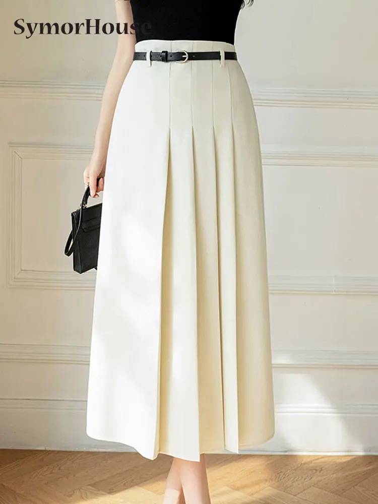 

Spring Summer Autumn Vintage Grey Pleated Midi Skirts Women High Waist Simple Office Lady Black Suit A-Line Skirt Femme
