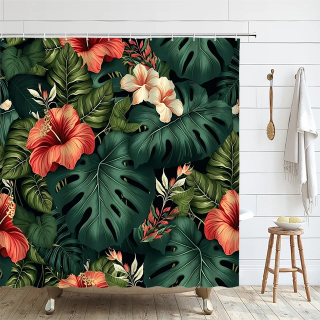 Tropical Flower Leaf Shower Curtains Green Palm Banana Monstera Leaves  Hibiscus Floral Plant Jungle Botanical Bathroom Curtains - AliExpress