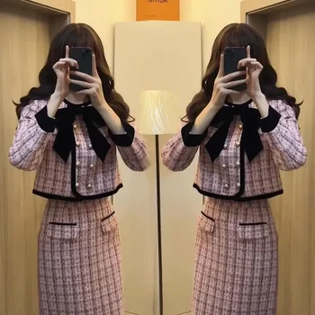 스위트 격자 무늬 활 여성 세트 재킷 스커트 세트, 우아한 오피스 레이디 짧은 재킷 코트, 롱 스커트 투피스 세트, 가을 및 겨울