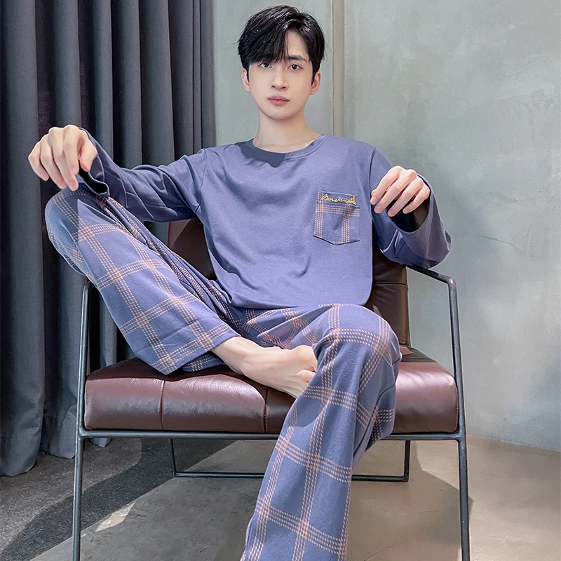 Autumn Men's Pure Full Cotton Pajamas Plaid Sleepwear Big Yards L-4XL Pajama Sets Casual Sleep&Lounge Pyjamas Pijamas Hombre