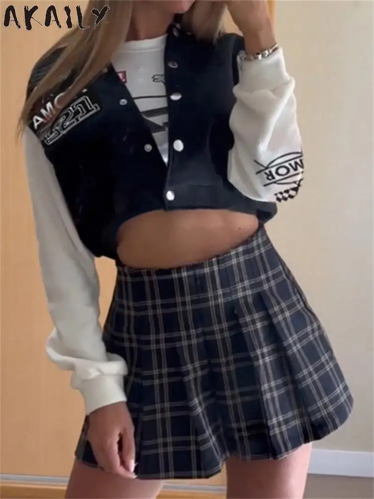 

Akaily Fall Black White Panelled Varsity Jacket Streetwear For Women 2023 Letter Printing Long Sleeve Fashion Baseball Jackets