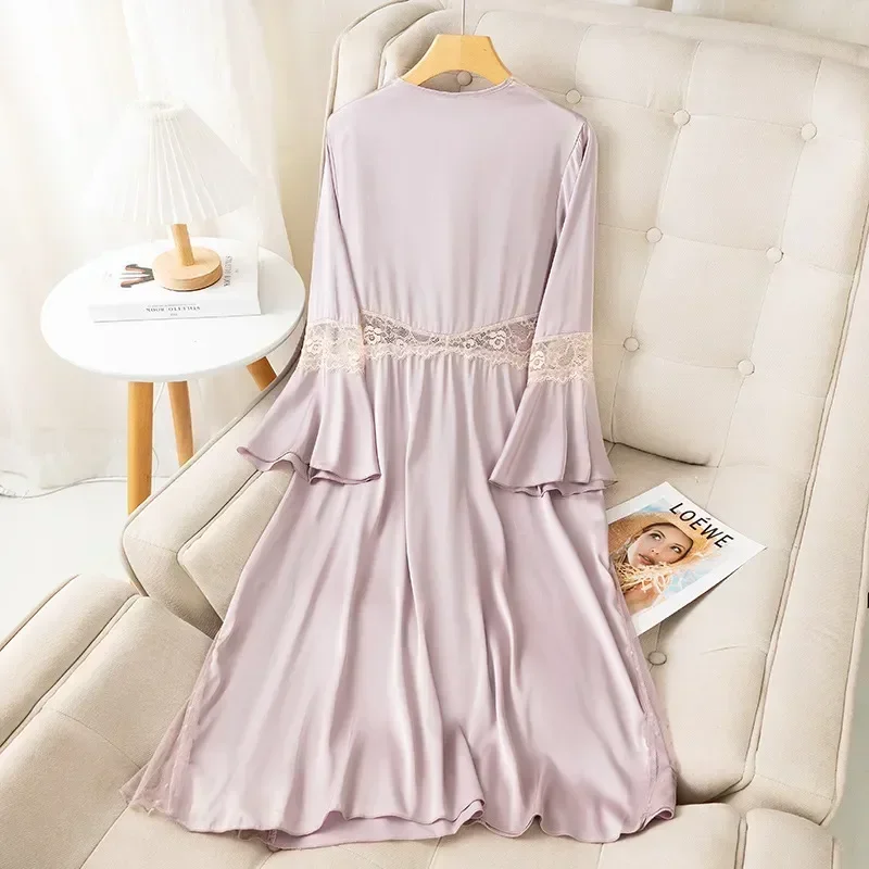 

Dress Gown Bathrobe Loungewear Nightdress Women Satin Nightwear Nightgown Long Sleepwear Dressing Summer Sleeve V-neck Lace