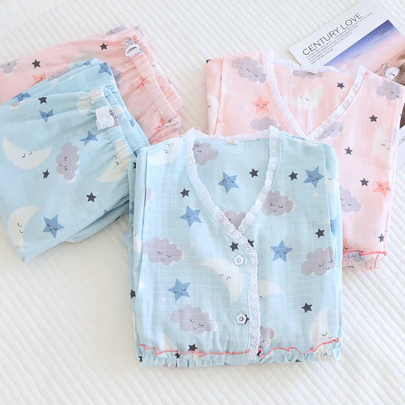 

Fdfklak Gauze Cotton Print Nursing Sleepwear Sets 2022 Spring New Postpartum Pajamas Suits Clothes For Pregnant Women