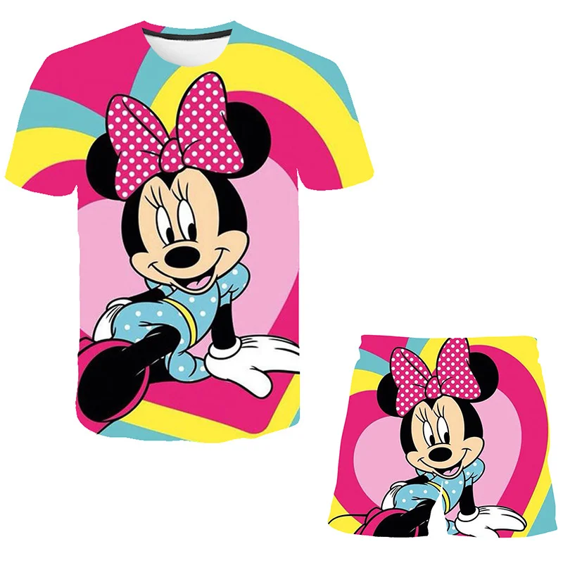 

Summer Children Girl Disney Mickey Mouse Minnie Cute Print Clothing Set Short Sleeve T shirt + Causal Beach Shorts 2Pcs Suit