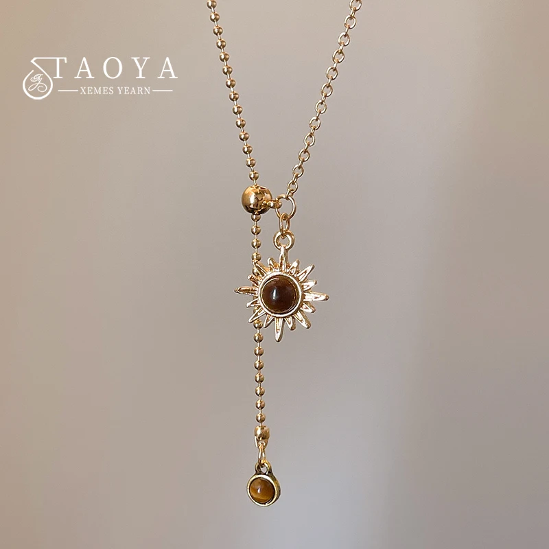 Lange Sonnenblume Tigerauge Stein Anhänger Halskette für Damen Accessoires 2025, neue Herbst/Winter Pullover Kette Licht Luxus Schmuck