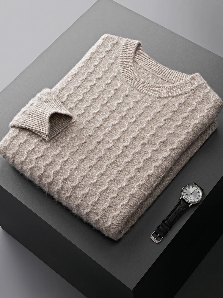 Autumn winter new  100% cashmere men sweater pullover Long sleeve O-neck corrugated loose plus size business casual knitted coat