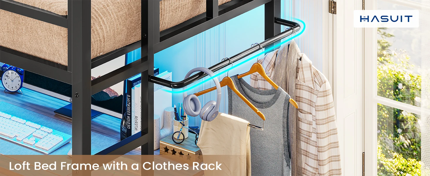 Junior Loft Bed Twin Size with Full-Length Guardrail &Clothes Rack