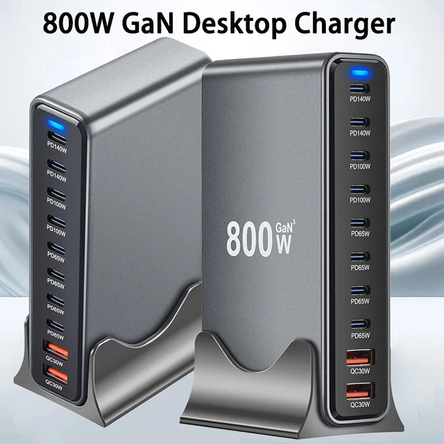 800W GaN 10 Ports Fast Charging Station Adapters USB C Dual 140W PD3.1 Desktop Charger for Multiple Devices Laptop Wall Charger