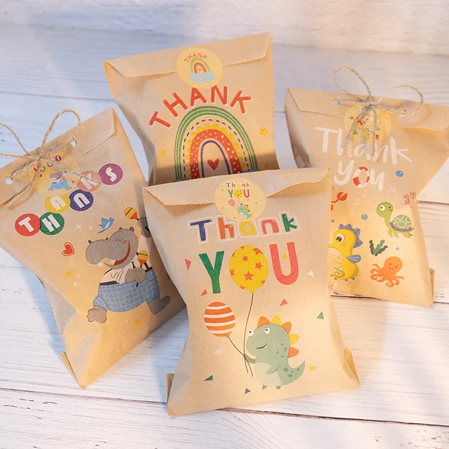 24 ensembles de sacs en papier Kraft de remerciement, mignon arc-en-ciel Dino, pochette cadeau joyeux anniversaire, sac à cadeaux de fête à fleurs rétro, fournitures de bonbons et de biscuits 6