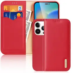 Luxury Genuine Leather Wallet Case with Vintage Card Flip Cover - iPhone 16 (Red)