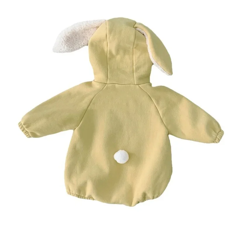 Adorable Rabbit Ear Fleece Lined Baby Romper Hooded Unisex Winter Clothes Bottom Covering Crawling Suit for Boys And Girls