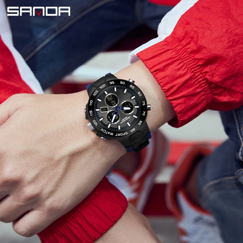 SANDA Brand Men Sports Watches Dual Display Analog Digital LED Electronic Quartz Wristwatches Waterproof Swimming Military Watch