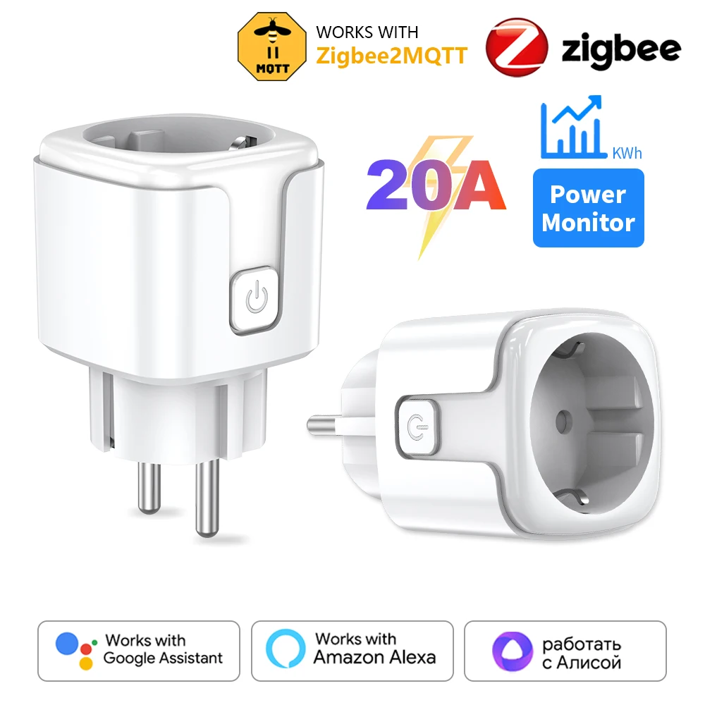 Zigbee2MQTT 20A EU Plug Zigbee3.0 สมาร์ทซ็อกเก็ต Power Monitor Smart Home APP Timing Voice Control ทํางานร่วมกับ Google Home 1