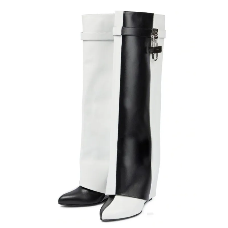 Women's New Small Round Head Straight Barrel Slimming Super High Slope High Metal Buckle Set Foot Knee Length Boots