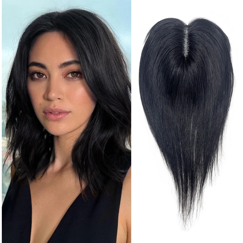 25cm Black Dark Brown Woman 100% Human Hair 9*14cm Swiss Lace Hairnet Clip in Hair Topper Extension Top Wig Piece for Daily Life