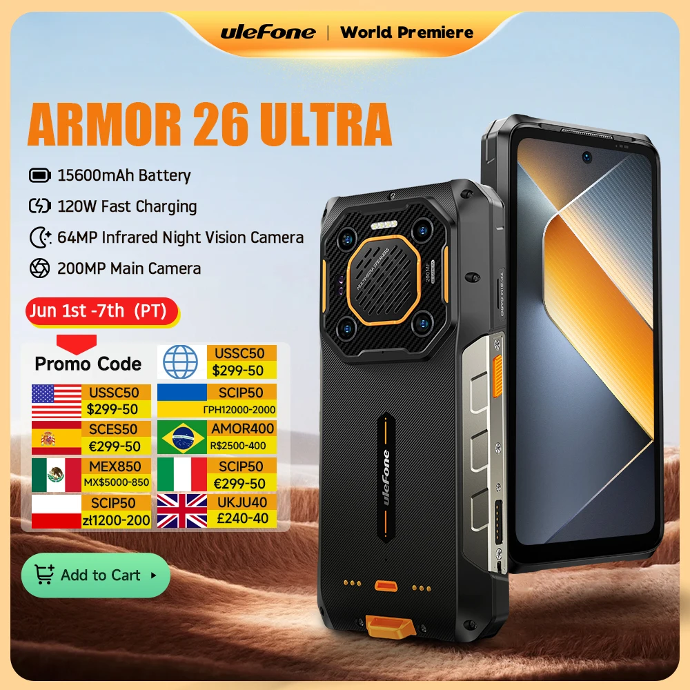 【Мировая премьера】Ulefone Armor 26 Ultra 5G Прочный водонепроницаемый смартфон 120 Вт, 15600 мАч Защищенный телефон, 200 МП + 64 МП + 50 МП,  до 24 ГБ + 512 ГБ, NFC, 6,78 дюйма, 120 Гц, Android 13