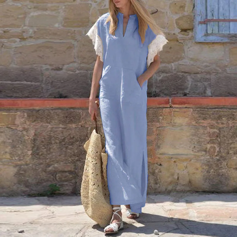 

Lace Short Sleeved Patchwork Loose Dress New Summer V-neck Pocket Straight Dress Women Elegant Solid Color Side Split Long Dress