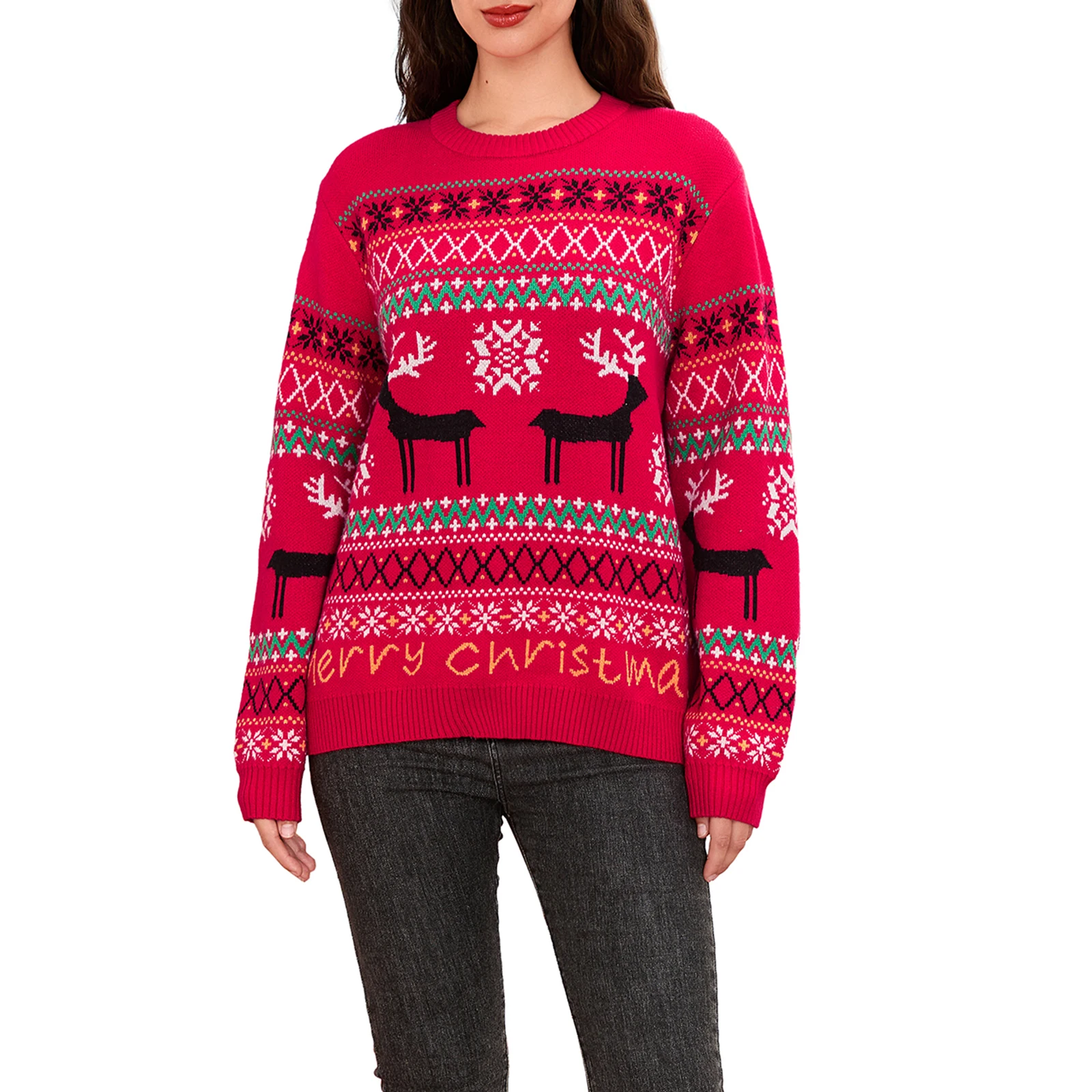 thumbnail image 1 of Suéter de punto navideño para mujer, estampado de letras, ciervo, copo de nieve, manga larga, cuello redondo, jerséis casuales para otoño e invierno, 1 of 5